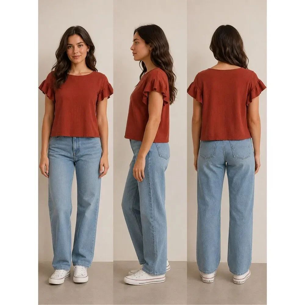 Love J Rust Orange Linen Blend Flutter Sleeve Top Women’s Size L Casual Boho
